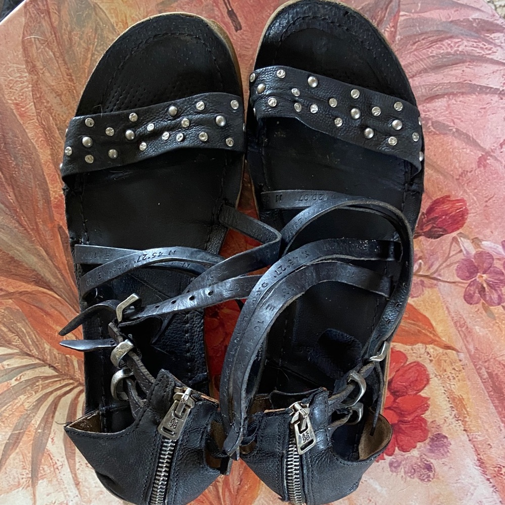 A.S.98 Black Studded Sandals with Adjustable Ankle Straps